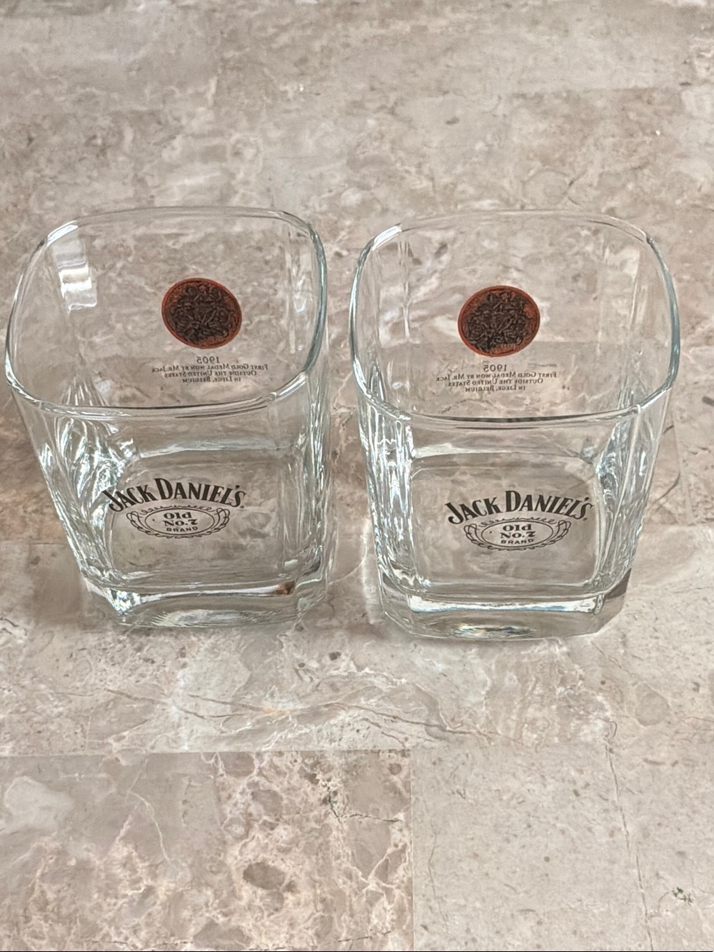 Jack Daniels Clear Glass Square Whiskey Tumblers with 1905 Winner Logo Set of 2